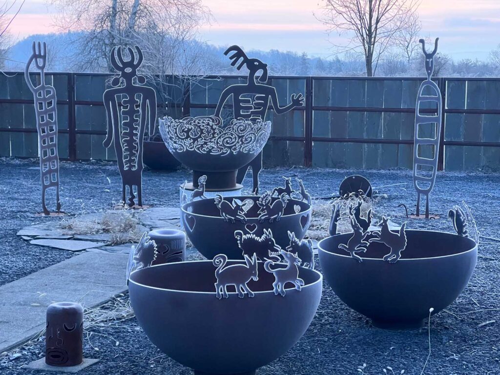 Exclusive Original Sculptural Fire Pits on a frosty morning