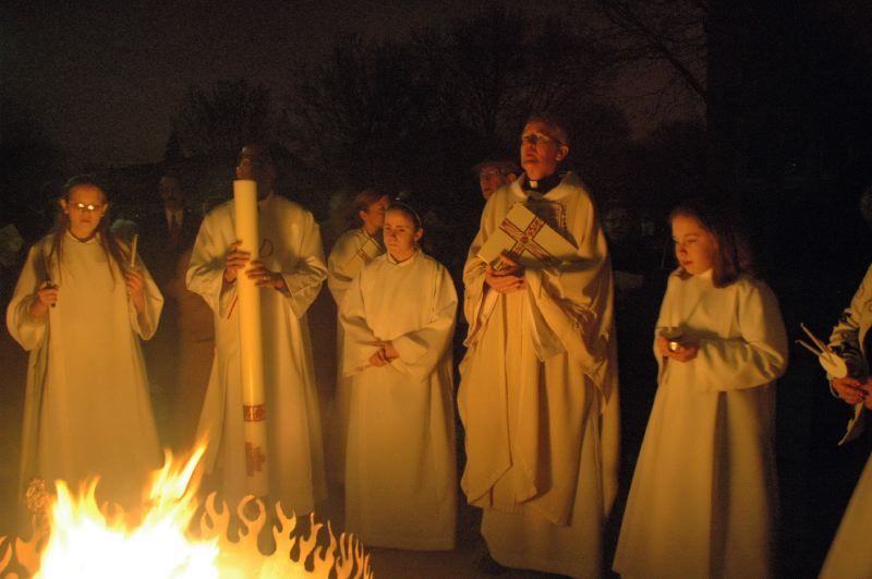 Ascension Church celebrates the Service of the Light with a Fire Sculptural Fire Pit holding the Paschal Fire.