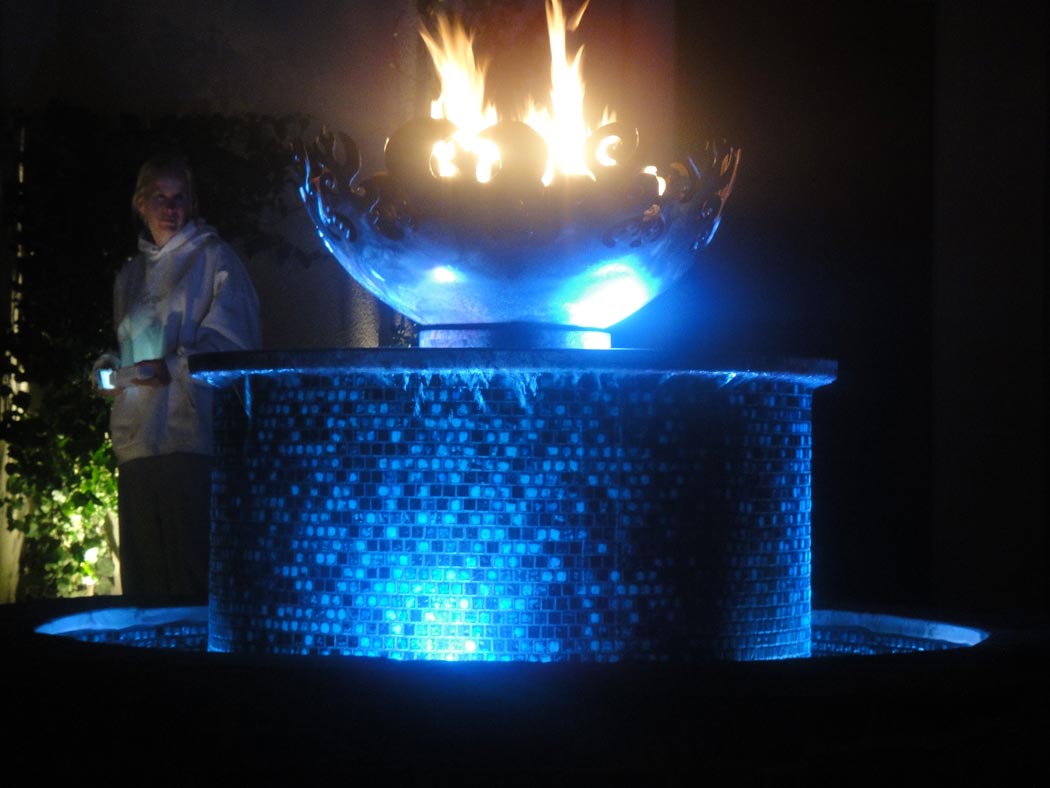 Stone And Glass Water Feature With Fire Sculptural Fire Pit