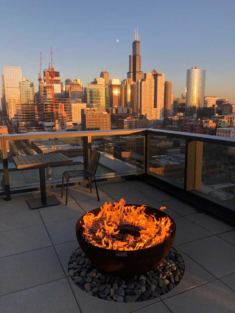 Zen Sculptural Fire Pitfire feature Google HQ Chicago roof deck