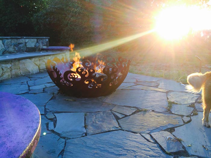 Fire Sculptural Fire Pit and stone patio