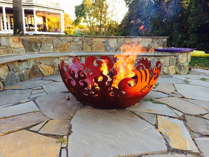 Fire Sculptural Fire Pit and stone patio