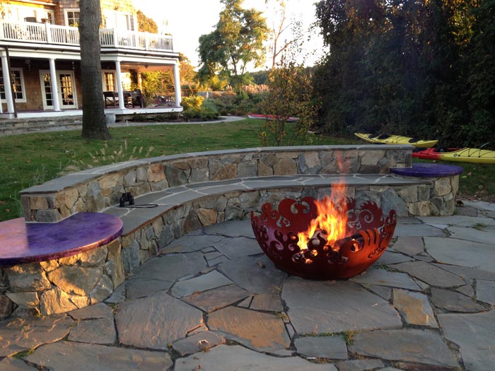 Fire Sculptural Fire Pit and stone patio