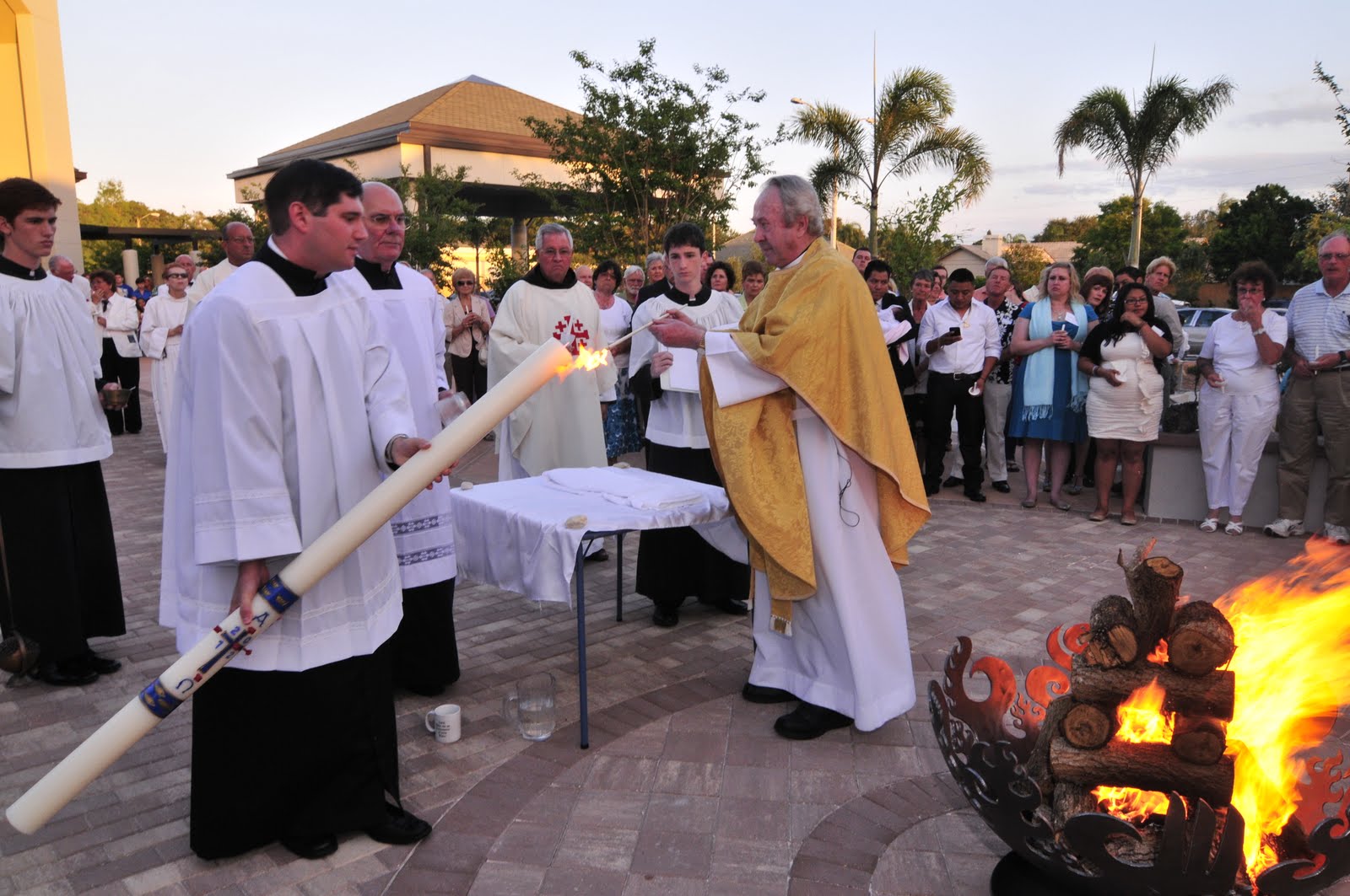 Phoenix + Flames Sculptural Fire Pit Used for Easter Vigil at St Jerome Catholic Church in Largo, FL